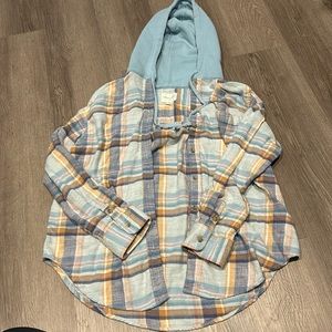 American Eagle Outfitters Light Blue Plaid Hooded Button-Up